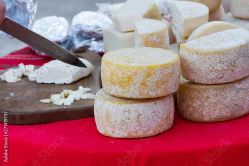 beautiful circles of tasty cottage cheese on a counter of shop photo