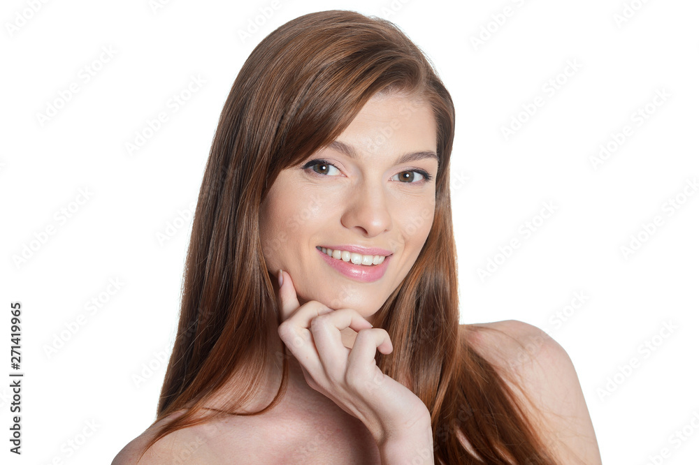 Close-up portrait of beautiful young woman with perfect skin on white background Close-up portrait of beautiful young woman with perfect skin on white background