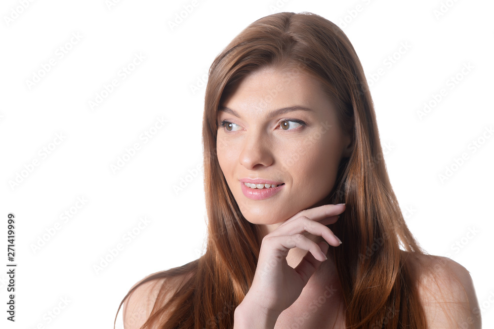 Close-up portrait of beautiful young woman with perfect skin on white background Close-up portrait of beautiful young woman with perfect skin on white background