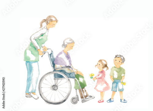 車椅子のおばあさん、介護と子供たち