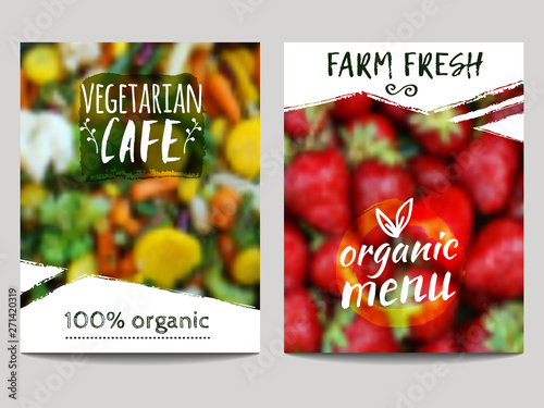 Vector brochure design template with blur background with vegetables, fruits and eco labels. Healthy fresh food, vegetarian, eco concept. Can be used for presentation, web, flyer, magazine, cover