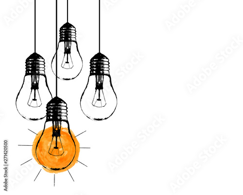 Vector grunge illustration with hanging light bulbs and place for text. Modern hipster sketch style. Unique idea and creative thinking concept.