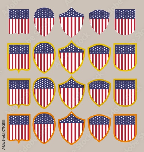 The USA state flag shields in golden frames for the Independence Day - set 1.