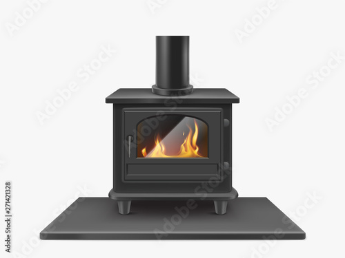 Wood burning stove  iron fireplace with fire inside isolated on white background  indoors traditional heating system in modern style. Household equipment. Realistic 3d vector illustration  clip art