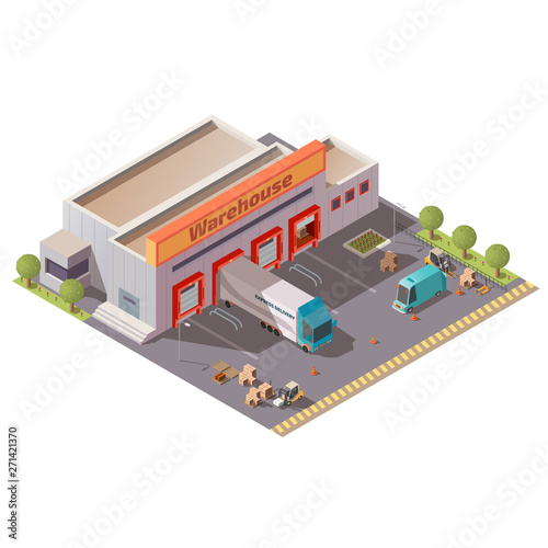 Commercial warehouse, delivery company depot, shipping service storehouse, postal or logistics center building isometric vector with cargo trucks loading, unloading goods at parking gates illustration