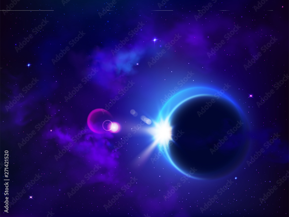 Total eclipse solar or lunar. Moon cover sun mysterious natural phenomenon in outer space, planetary standoff, sky galaxy, glowing stars, astronomy, cosmic background. Realistic 3d vector illustration