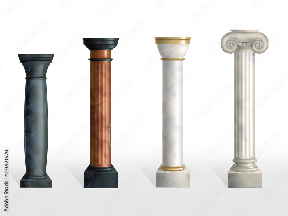 Antique columns set. Ancient stone or marble classic ornate pillars of different colors and textures isolated on white background. Roman or greece facade decoration. Realistic 3d vector illustration Antique columns set. Ancient stone or marble classic ornate pillars of different colors and textures isolated on white background. Roman or greece facade decoration. Realistic 3d vector illustration