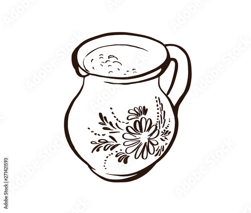 Clay mug of milk. Hand drawn design element.