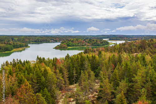 Aerial view of nature landscape with river and sea channel among the forest at Aland Islands, Finland
