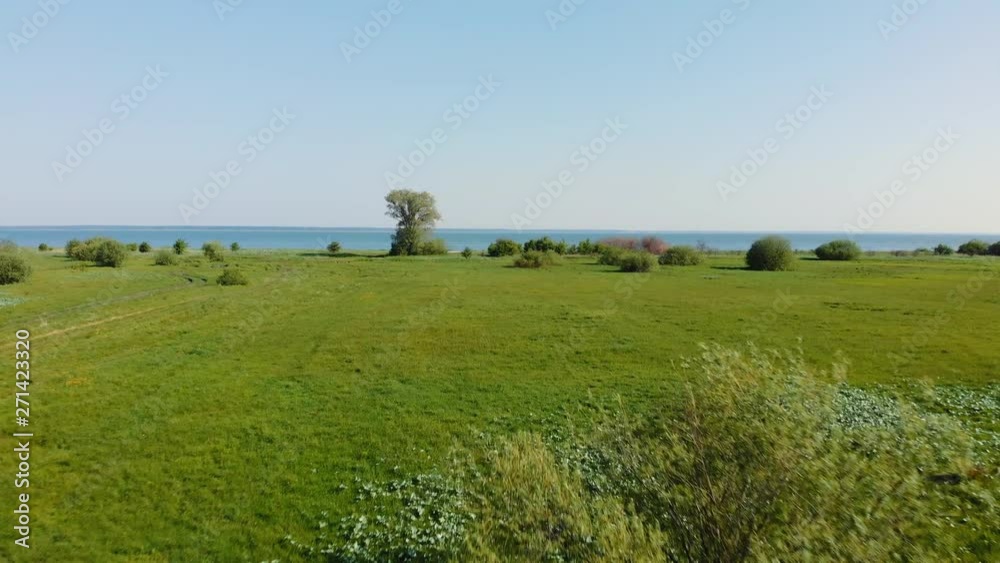Aerial view. Beautiful view from  drone flying towards the sea through  green field with different trees
