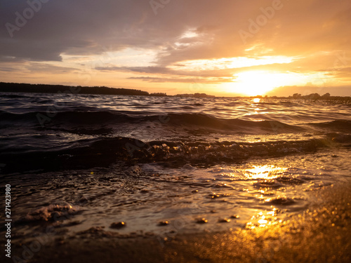 Beach in the evening at dusk. Sunset on the beach late in the evening.