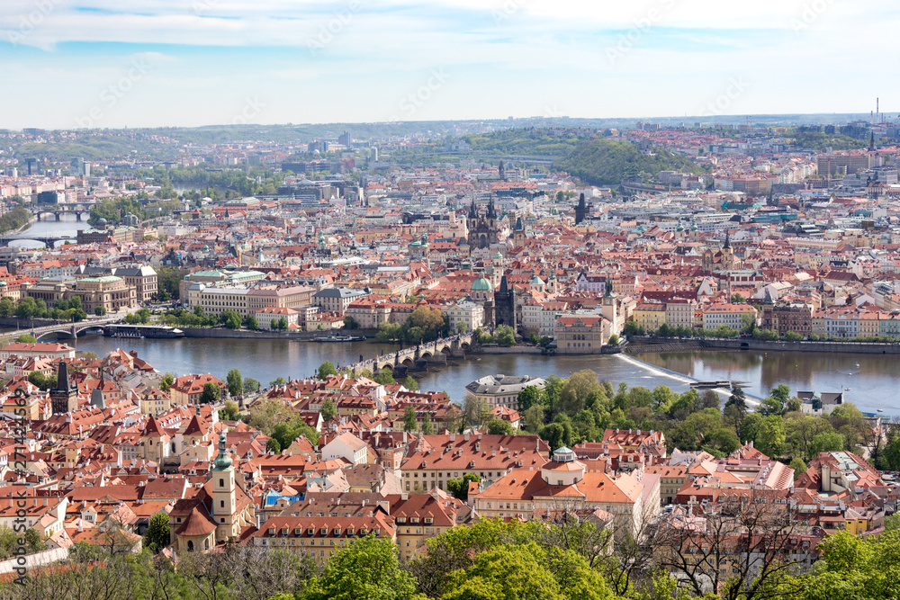 Panorama of Vltava and Charles Bridge from above on sunny day. Prague. Czech