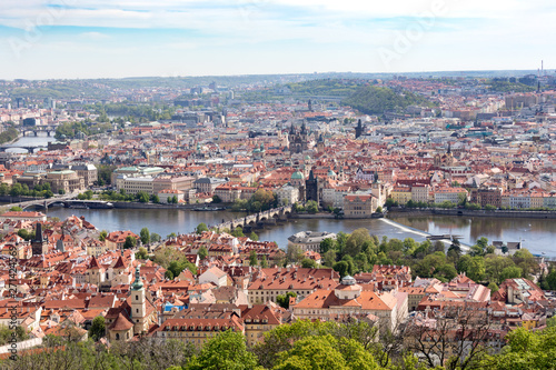 Panorama of Vltava and Charles Bridge from above on sunny day. Prague. Czech