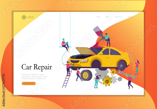 Landing page template car service having their repaired, people paint car, change wheels, automobile repair shop, vehicle service concept. Vector flat style illustration
