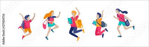 Happy school children joyfully jumping and laughing isolated on white background. Concept of happiness, gladness and fun. Vector illustration for banner, poster, website, invitation.