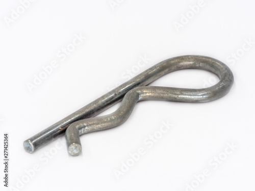Zinc coated elastic hitch pin clip shot on white.