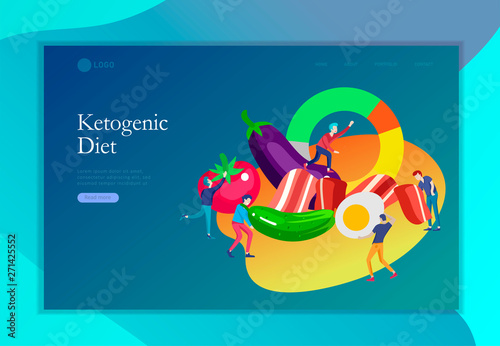 Keto diet landing page template. Cartoon people characters concept with low carb diet chart. Healthy ketogenic state for depression. Organic raw nutrition paleo food caveman lifestyle.