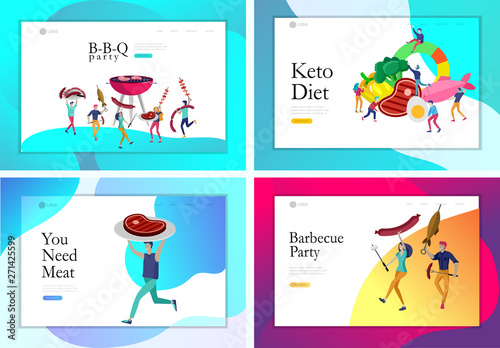 Landing page template people preparing barbecue. BBQ party. People grilling meat. Keto diet Cartoon people characters concept with low carb diet chart. Healthy ketogenic state
