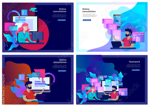 Concept Landing page template customer service, male hotline operator advises client, online global technical support, customer and operator