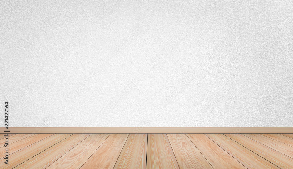 Empty interior room with white cement wall texture and brown wooden floor pattern. Concept interior vintage style Empty interior room with white cement wall texture and brown wooden floor pattern. Concept interior vintage style