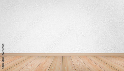 Empty interior room with white cement wall texture and brown wooden floor pattern. Concept interior vintage style