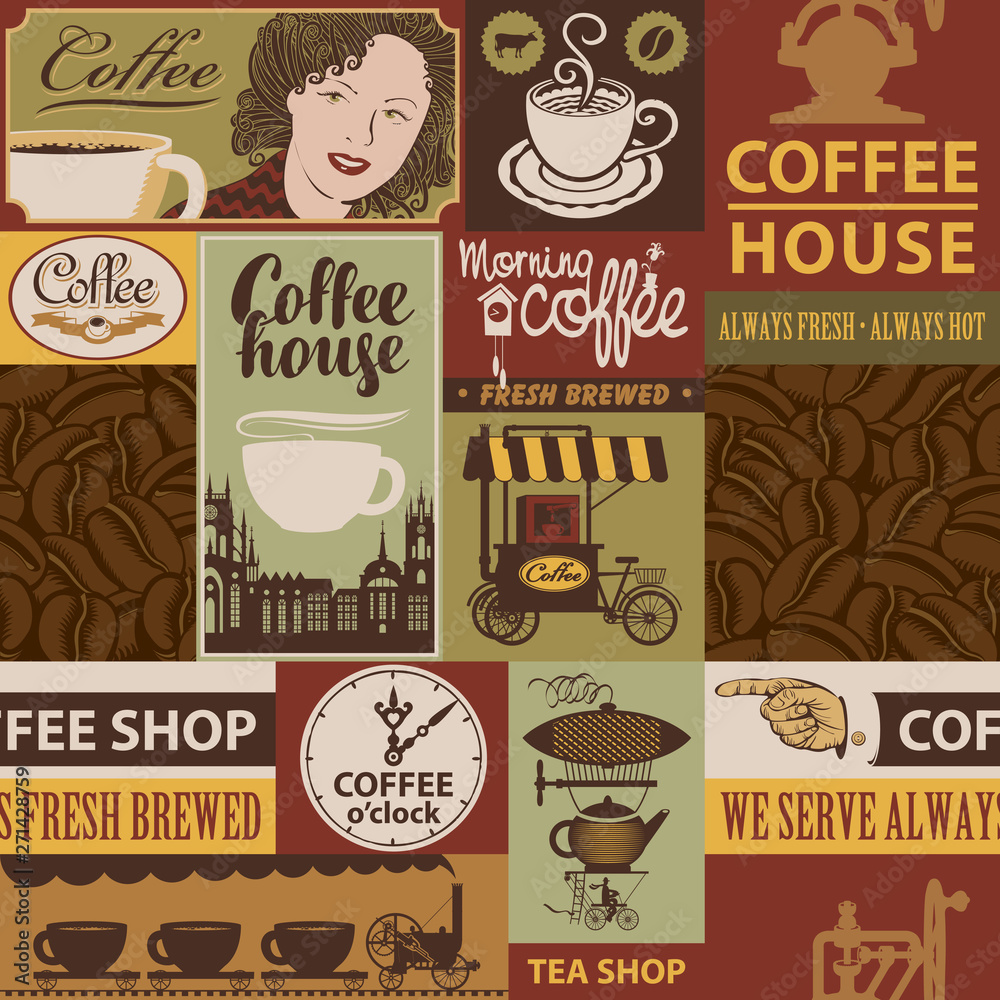 Vector seamless pattern on coffee and coffee house theme with inscriptions and illustrations in retro style. Can be used as wallpaper, wrapping paper or fabric