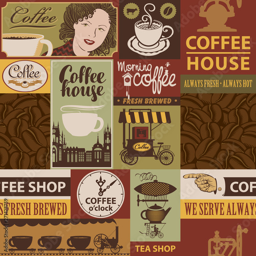 Vector seamless pattern on coffee and coffee house theme with inscriptions and illustrations in retro style. Can be used as wallpaper, wrapping paper or fabric
