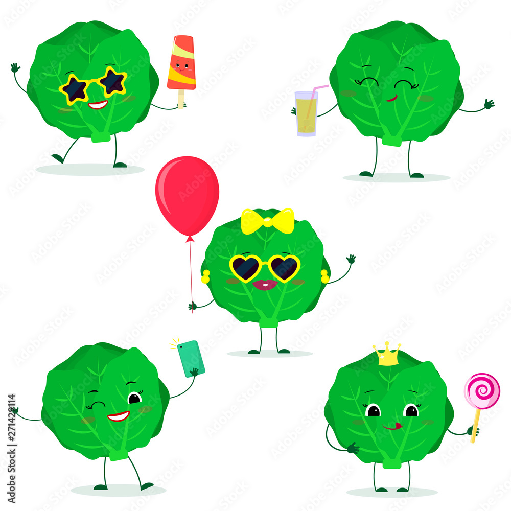 Obraz premium A set of five Kawaii cute cabbage vegetable in cartoon style. In glasses with ice cream, with a balloon, with a lollipop, with juice, with a selfie phone. Flat, Vector illustration