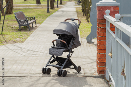 Beautiful baby carriage in the park. New design.