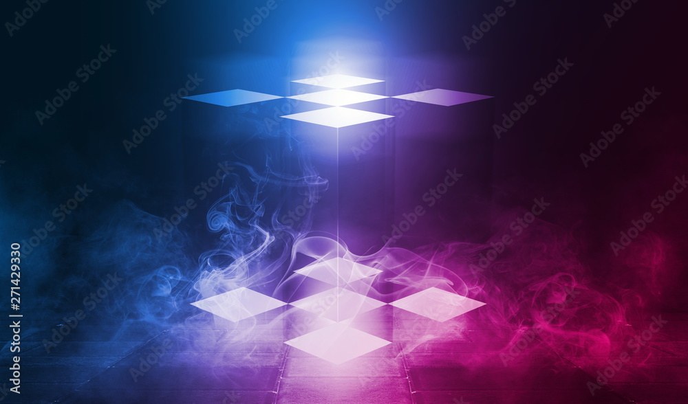 Background of an empty disco scene. Neon square figure in the center of the scene. Neon light smoke. Dark abstract futuristic background Background of an empty disco scene. Neon square figure in the center of the scene. Neon light smoke. Dark abstract futuristic background