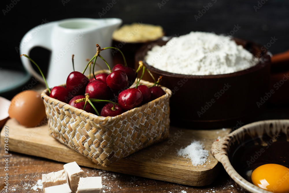 ingredients for a coca de cireres, a cherry cake