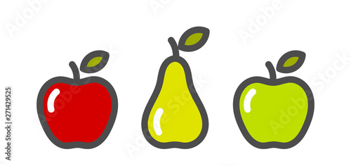 Red and green apples and pear fruit icons.