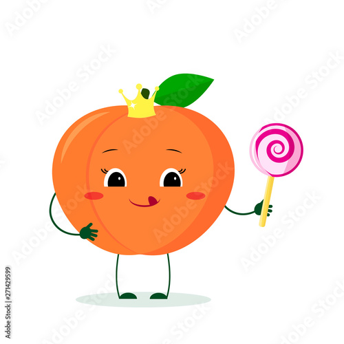 Kawai cute peach fruit cartoon character in a crown with a lollipop. Logo, template, design. Vector illustration, flat style