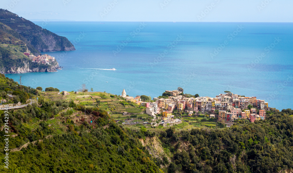 Manarola / Italy - April 28 2019: View of the city of Corniglia (Cinque Terre) from the nearby hiking trails.