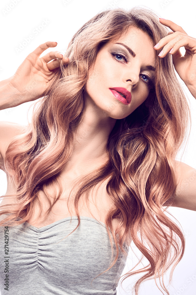 Obraz premium Beauty fashion portrait. Glamor sexy blonde girl with styling hair, fashionable makeup. Beautiful woman with perfect skin, trendy wavy hairstyle. Skincare facial treatment make up concept