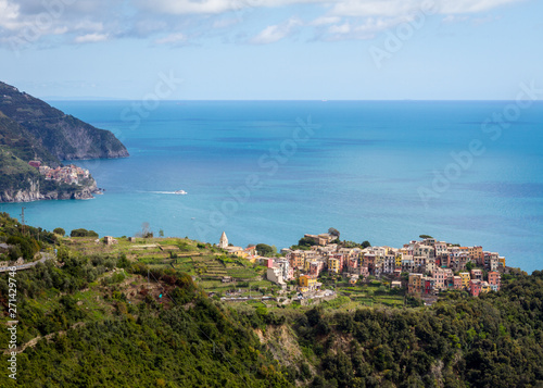 Manarola / Italy - April 28 2019: View of the city of Corniglia (Cinque Terre) from the nearby hiking trails.