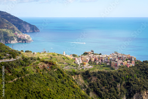 Manarola / Italy - April 28 2019: View of the city of Corniglia (Cinque Terre) from the nearby hiking trails.