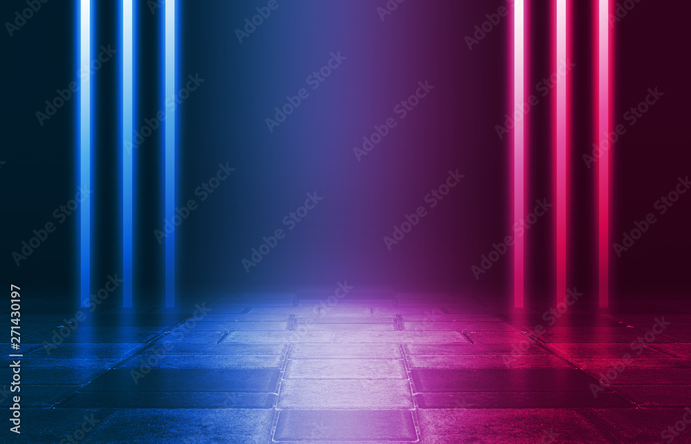 Background of an empty disco scene. Neon square figure in the center of the scene. Neon light smoke. Dark abstract futuristic background Background of an empty disco scene. Neon square figure in the center of the scene. Neon light smoke. Dark abstract futuristic background