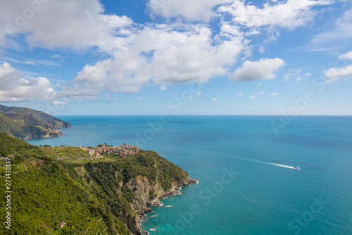Manarola / Italy - April 28 2019: View of the city of Corniglia (Cinque Terre) from the nearby hiking trails.