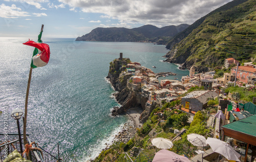 Vernazza / Italy - April 28 2019: View of the city of Vernazza (Cinque Terre) from the near by hiking trails.