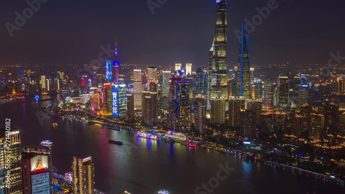 hyperlapse Aerial drone scene timelapse skyline of Shanghai China at night