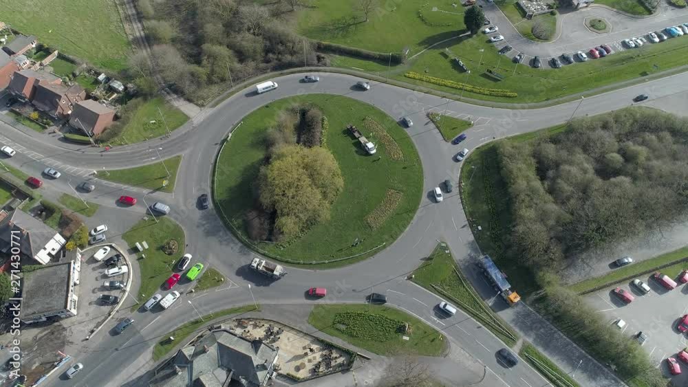 Aerial Drone view of roundabout in small town