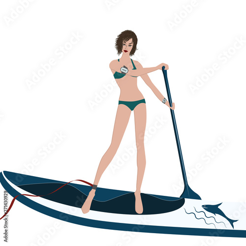 Surfer, girl, standing on a board, riding the waves and paddling rows - isolated on white background - vector