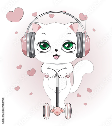 white kitten with earphones