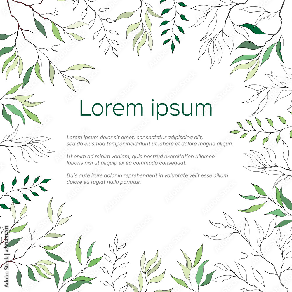 Text frame with green and contour leaves. Template for cards, greetings, invitations.