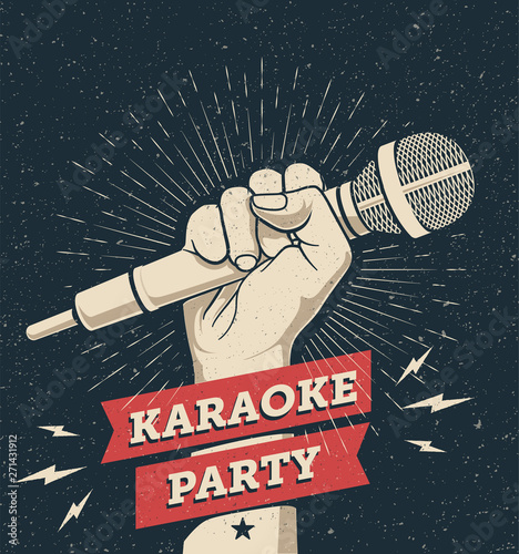 Vector karaoke party invitation flyer poster design template for your event. Hand holding microphone on dark background. Concept for a night club advertising Vintage styled vector illustration, photo