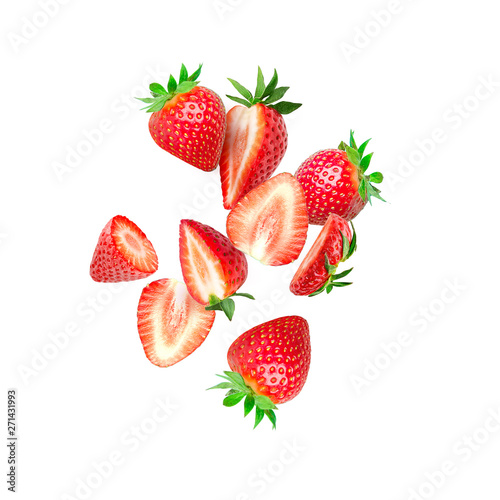 Fototapeta Naklejka Na Ścianę i Meble -  The composition of strawberries on a colored background. Cut strawberries into pieces with copy space. Fresh natural strawberry isolated