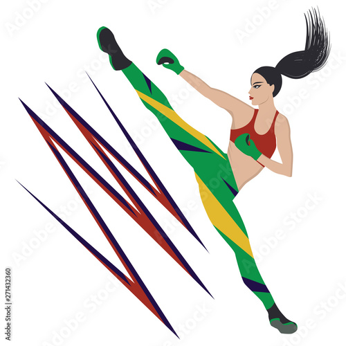 Kixbox - nice girl in a bright sports suit makes a kick - isolated on white background - vector. Life style.