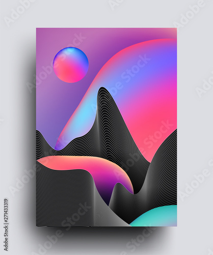 Modern abstract background poster template with lined silhouettes of mountains and liquid gradient shapes. Vector illustration.