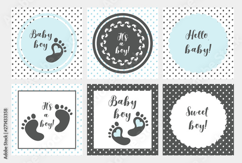 Set of 6 seamless baby boy  cards in blue, white and gray colors. Baby shower badges.